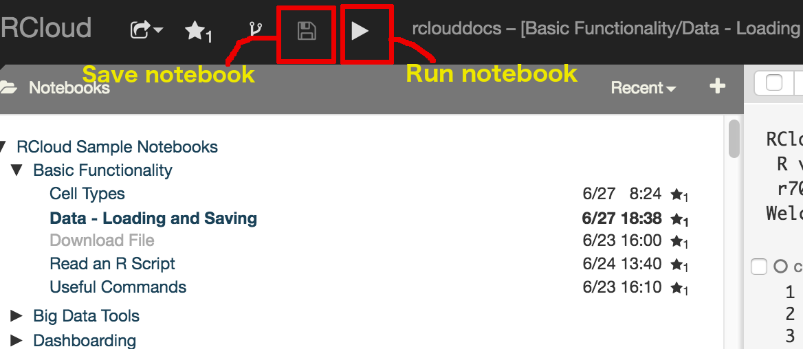 RCloud Save Notebook using Save Icon or by Running Notebook using Run Icon